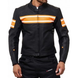 Men’s Black Leather Racing Jacket with Orange Stripes