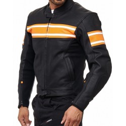 Men’s Black Leather Racing Jacket with Orange Stripes