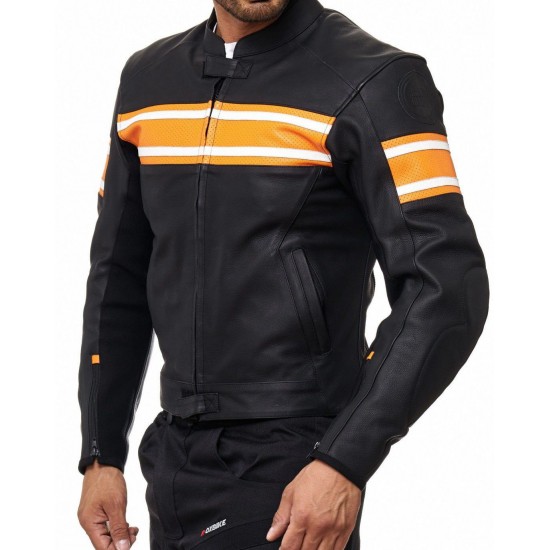 Men’s Black Leather Racing Jacket with Orange Stripes