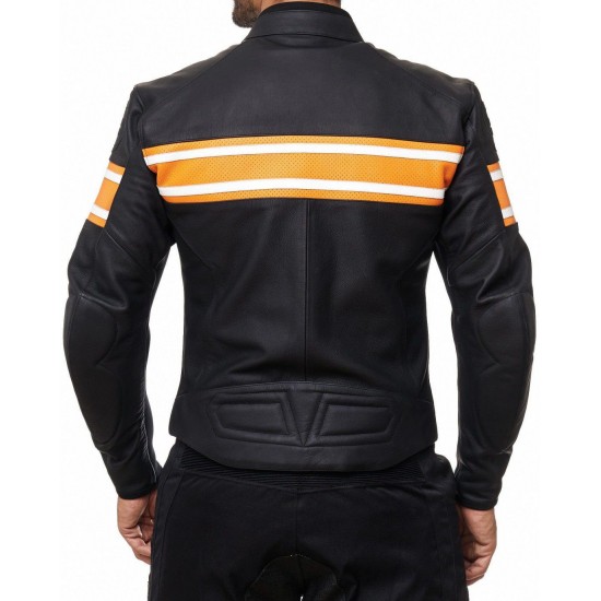 Men’s Black Leather Racing Jacket with Orange Stripes