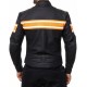 Men’s Black Leather Racing Jacket with Orange Stripes