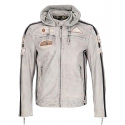 Men’s Grey Hooded Leather Biker Jacket