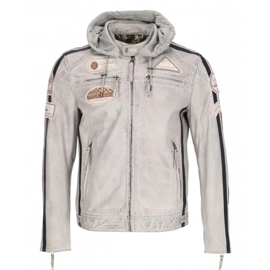 Men’s Grey Hooded Leather Biker Jacket