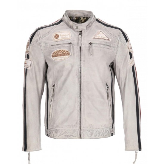 Men’s Grey Hooded Leather Biker Jacket