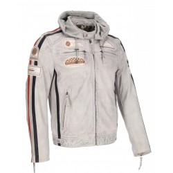 Men’s Grey Hooded Leather Biker Jacket