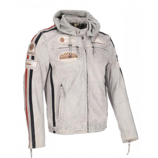 Men’s Grey Hooded Leather Biker Jacket