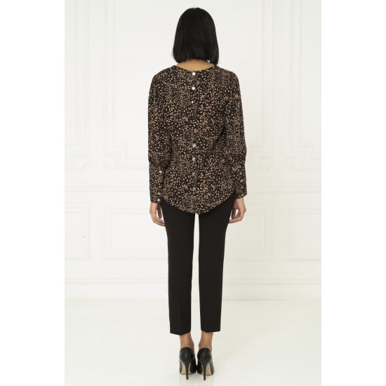 For You Moda Women's Back and Cuff Button Detailed Black Blouse