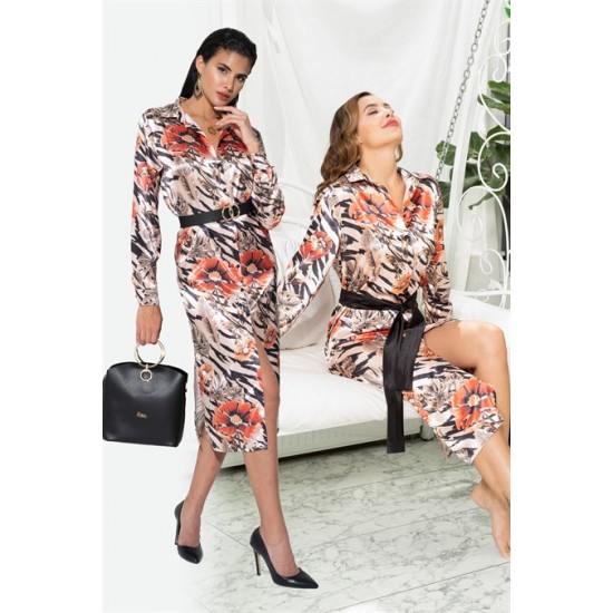 For You Woman Satin Red Floral Pattern Dress