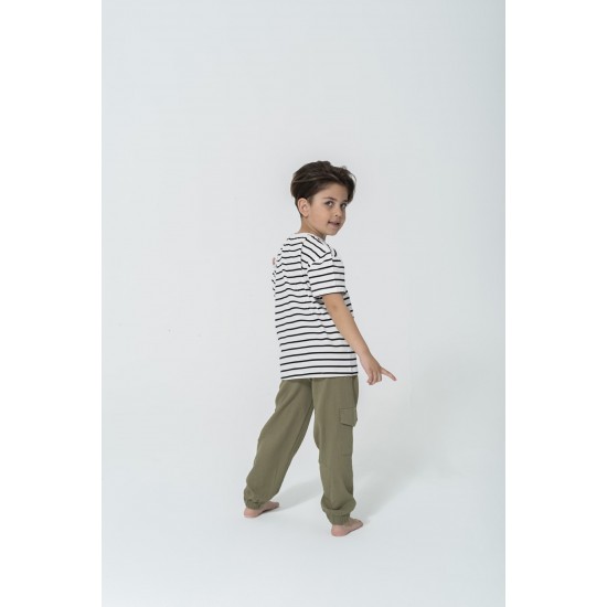 For You Kids Organic 3 Piece Pocket Anchor Embroidered Khaki Pajamas Set