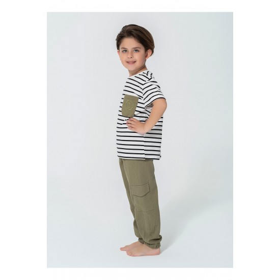 For You Kids Organic 3 Piece Pocket Anchor Embroidered Khaki Pajamas Set