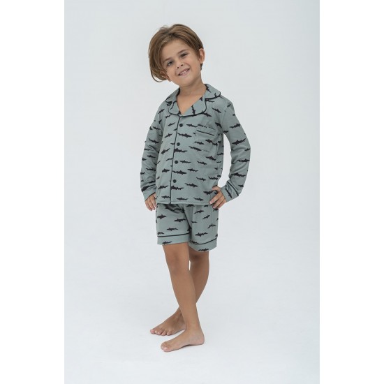 For You Kids 4-Piece Black Striped Shark Pattern Pajamas Set