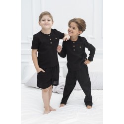For You Kids 4-Piece Organic Black Pajama Set with Button on Collar
