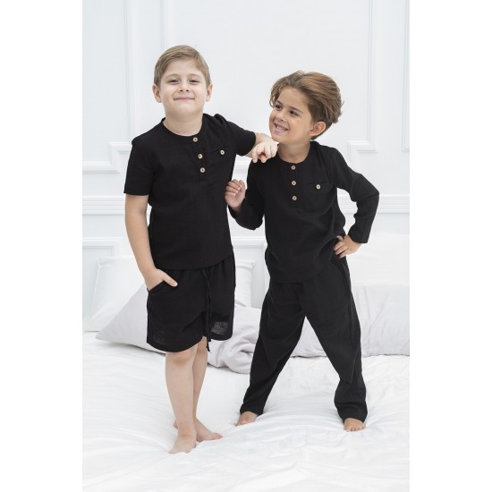 For You Kids 4-Piece Organic Black Pajama Set with Button on Collar