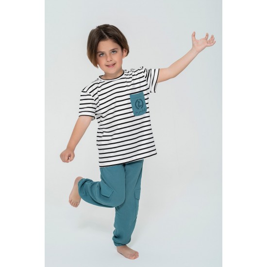 For You Kids Organic 3 Piece Pocket Anchor Embroidered Petrol Pajamas Set