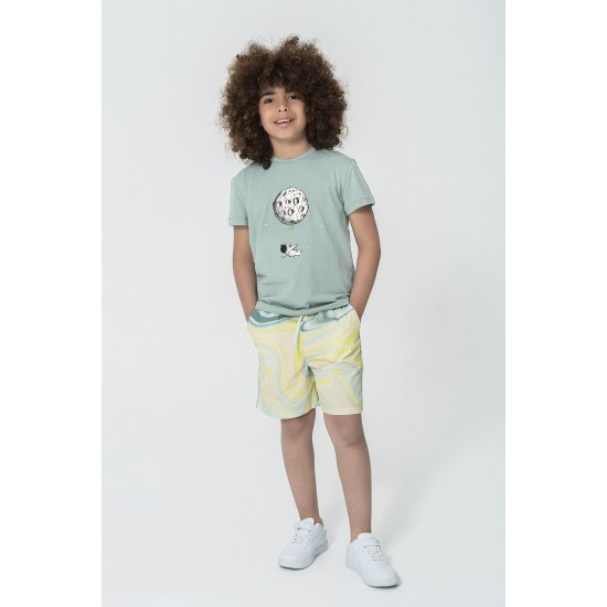 For You Kids Mars Airplane Pattern Light Green T-shirt Shorts Set