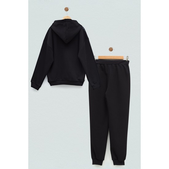 For You Kids Embossed Printed Hoodie Black Sweatshirt Set