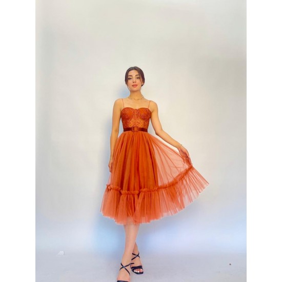 Orange Luxury Fine Matte Tulle Tea Length Wedding Skirt