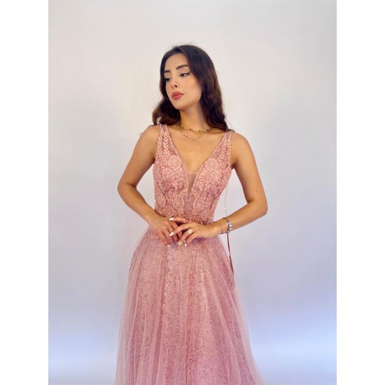 Sleeveless Plunging V-Neck Floral Sequin Patterned Embellished Ball Gown