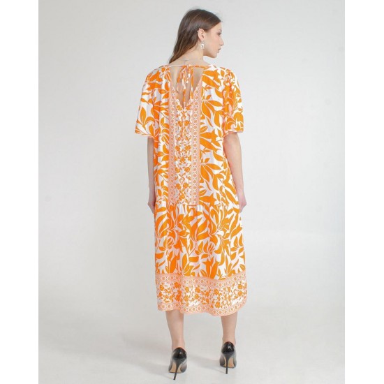 Women Orange Leave Design Long Dress