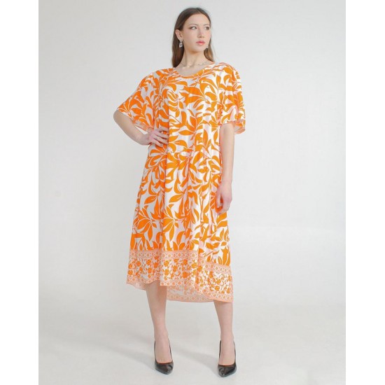 Women Orange Leave Design Long Dress