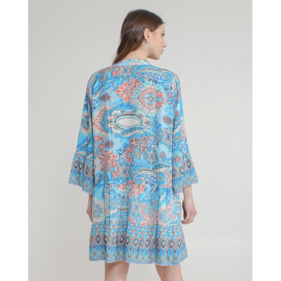 Women Floral Printed Blue Dress Short Sleeve Mini Dress