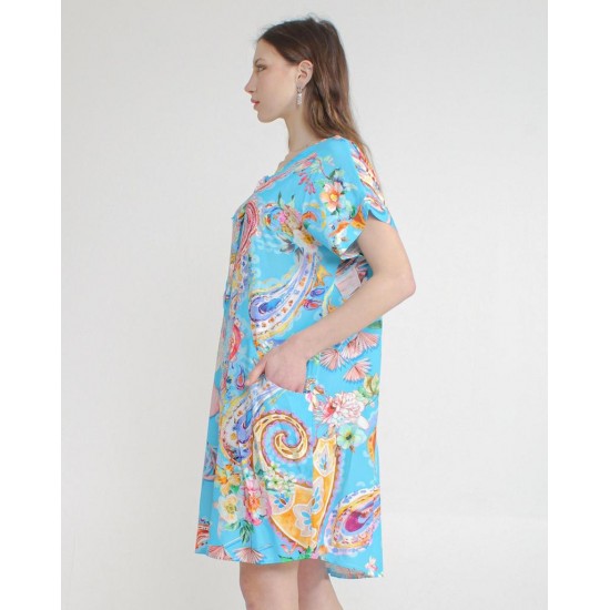 Women Floral Printed Blue Dress Short Sleeve Mini Dress Casual Summer Pleated Dresses
