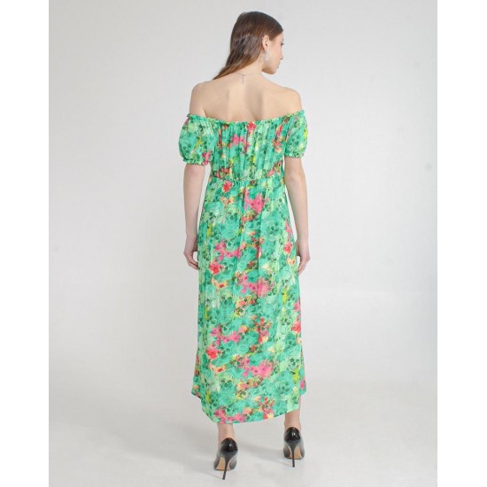 Women Green Floral Printed Dress Short Sleeve Mini Dress Casual Summer Pleated Dresses