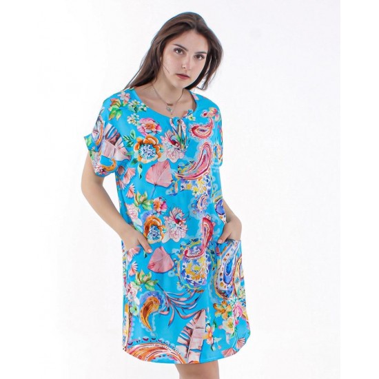 Women Floral Printed Dress Short Sleeve Mini Dress Casual Summer Pleated Dresses