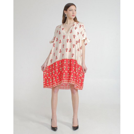 Spring V-neck Milk Silk Dress Summer Large Size Beach Dress Woman Printing Dress