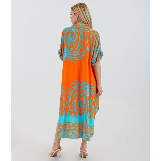 Woman Clothing Orange Palm Design Wrap Midi Dress