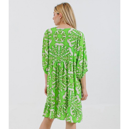 Green Pattren Drop Waist Belted Midi Dress​ – Monomoifashion