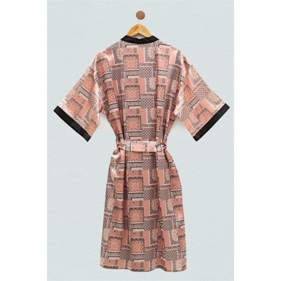 For You Sleepwear Satin Ethnic Pattern Black Dressing Gown