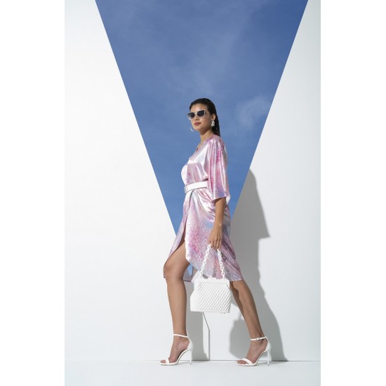 For You In&Out Indoor and Outdoor V-Neck Snake Pattern Belted Pink Satin Dressing Gown/Dress