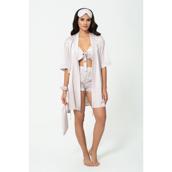 For You Sleepwear 6 Piece Dressing Gown Stone Satin Pajama Shorts Set