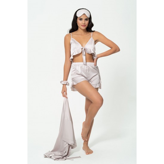 For You Sleepwear 6 Piece Dressing Gown Stone Satin Pajama Shorts Set