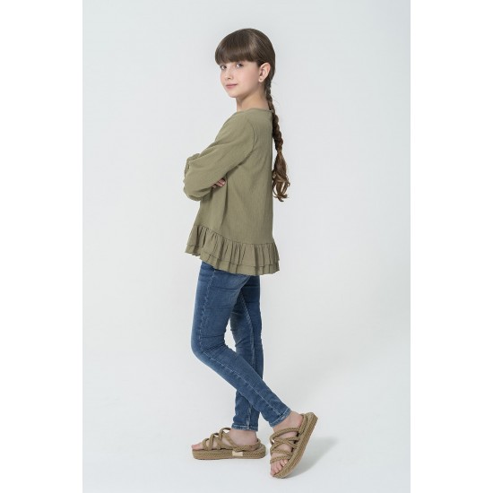 For You Kids Organic Skirt Ruffled Back Button Khaki Blouse