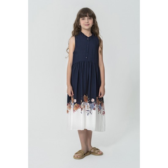 For You Kids Navy Blue Floral Patterned Collar Frilly Buttoned Dress
