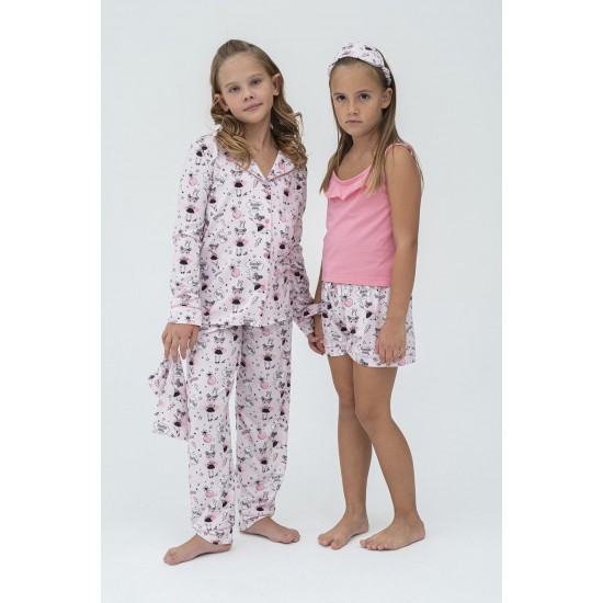 For You Kids 7 Pieces Pink Piping Super Girl Patterned Pajamas Set
