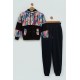 For You Kids Plush Detailed Patterned Black Hooded Sweatshirt Set
