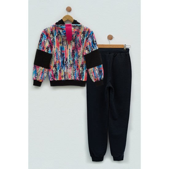 For You Kids Plush Detailed Patterned Black Hooded Sweatshirt Set