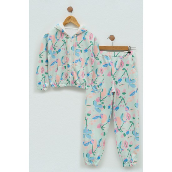 For You Kids Patterned Green Hoodie Sweatshirt Set