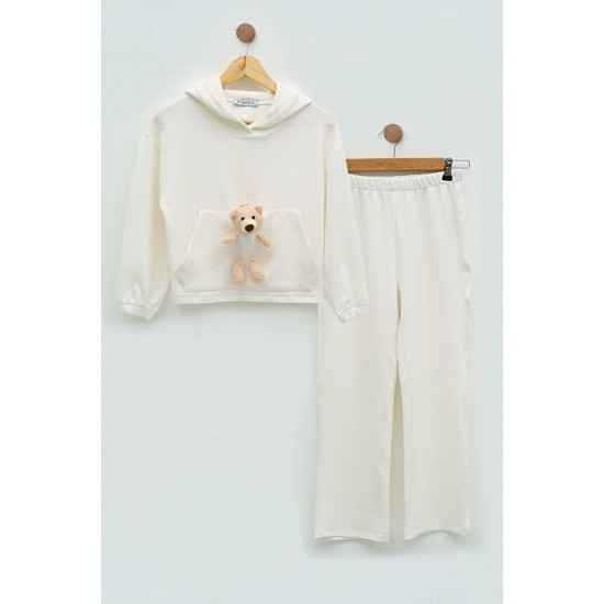 For You Kids Girl Ecru Sweatshirt Set With Teddy Bear