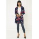 For You Moda Women's Floral Navy Blue Shawl Collar Jacket