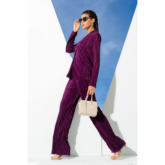 For You Woman 2 Pieces Pleated Shirt Pants Purple Suit