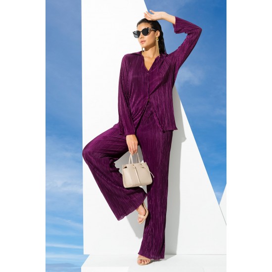 For You Woman 2 Pieces Pleated Shirt Pants Purple Suit