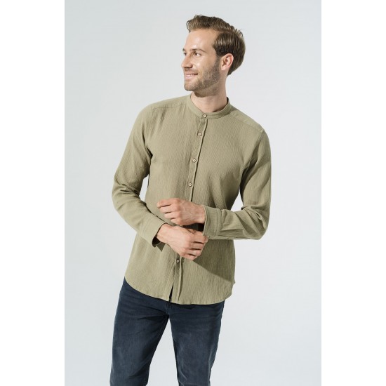 For You Man Organic Crew Neck Long Sleeve Khaki Shirt