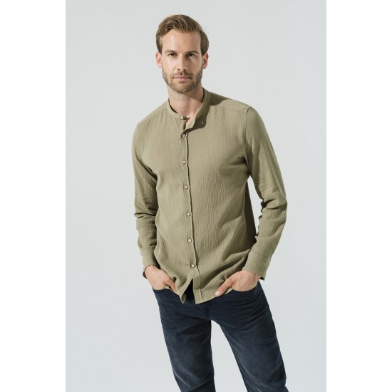 For You Man Organic Crew Neck Long Sleeve Khaki Shirt