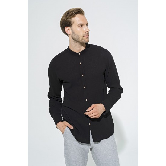 For You Man Organic Straight Collar Long Sleeve Black Shirt