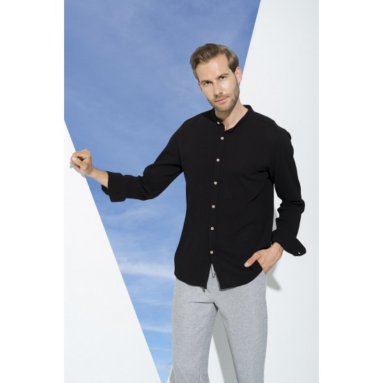 For You Man Organic Straight Collar Long Sleeve Black Shirt