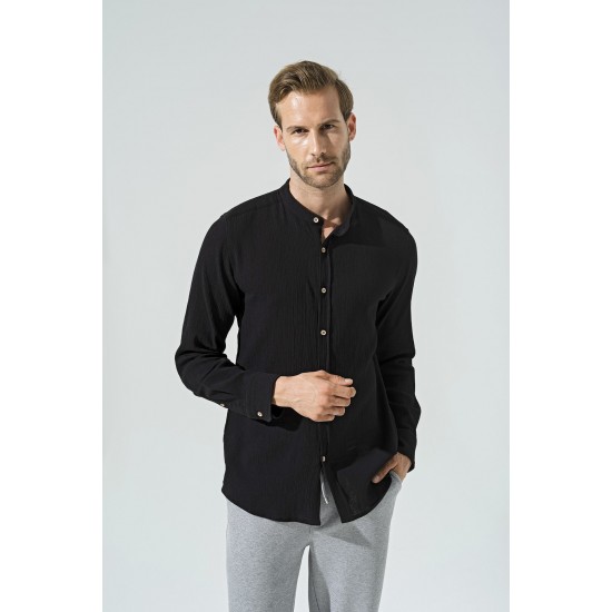 For You Man Organic Straight Collar Long Sleeve Black Shirt